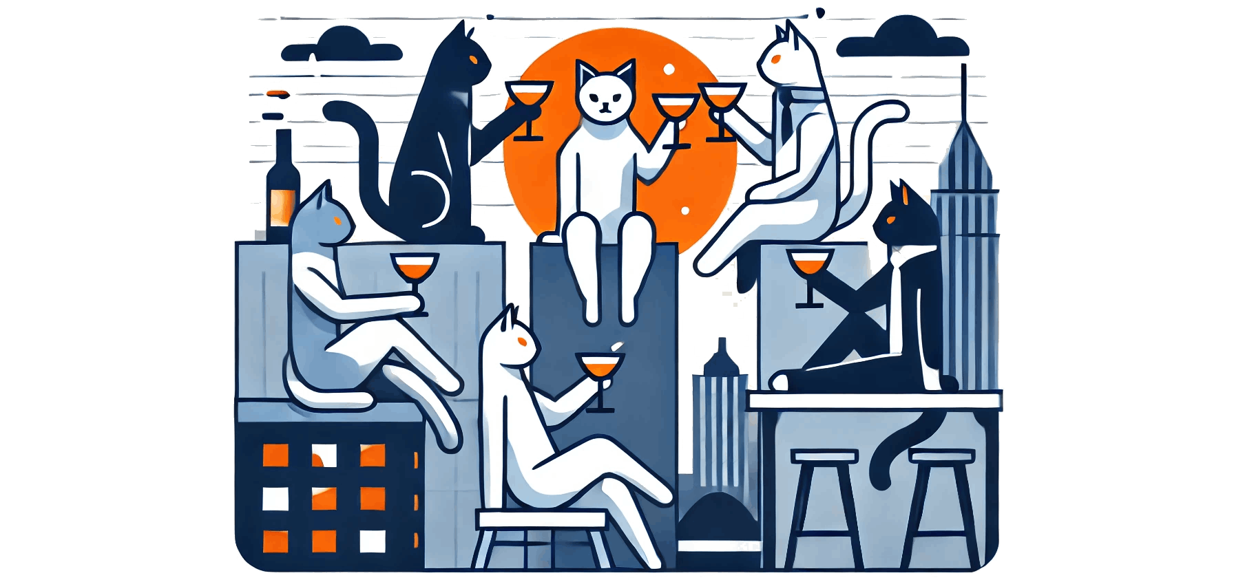 cats cheersing drinks on rooftops